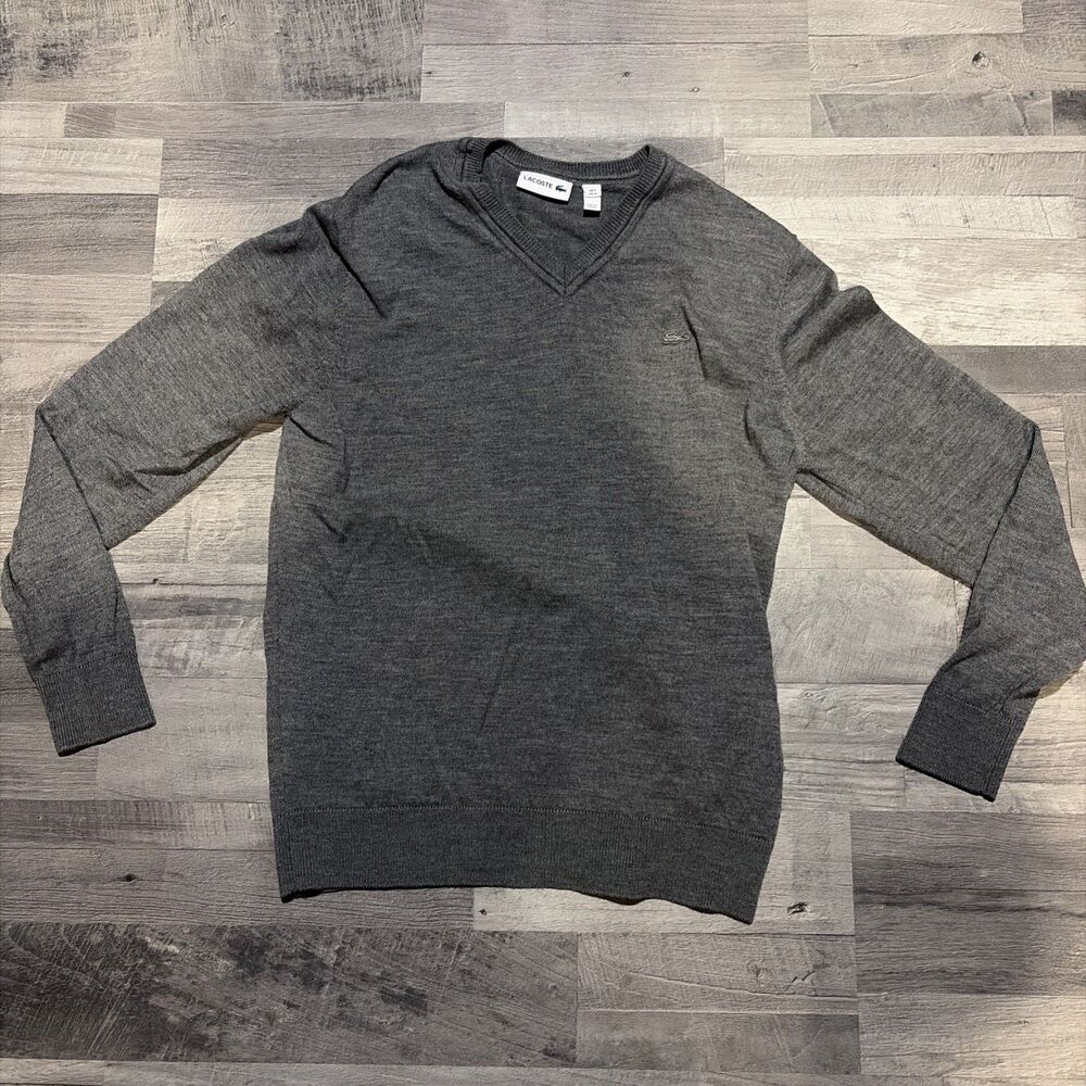 Lacoste Men's Size XL Pullover Sweater V-neck Cotton Gray Solid Classic